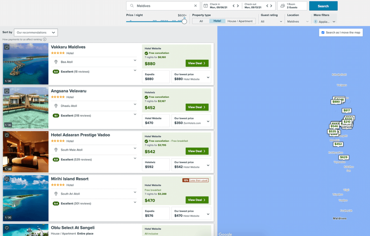 booking hotels in the maldives trivago screenshot